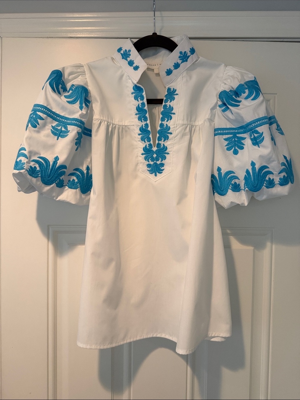 Entro "Alys Beach" Embroidered Puff-Sleeve White Top with Turquoise Accents
